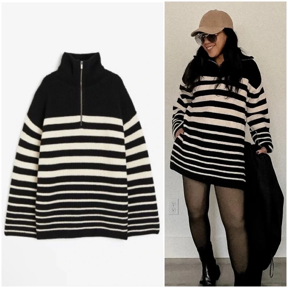 Black/Cream Striped Rib Knit Half Zip Sweater - Picture 1 of 9
